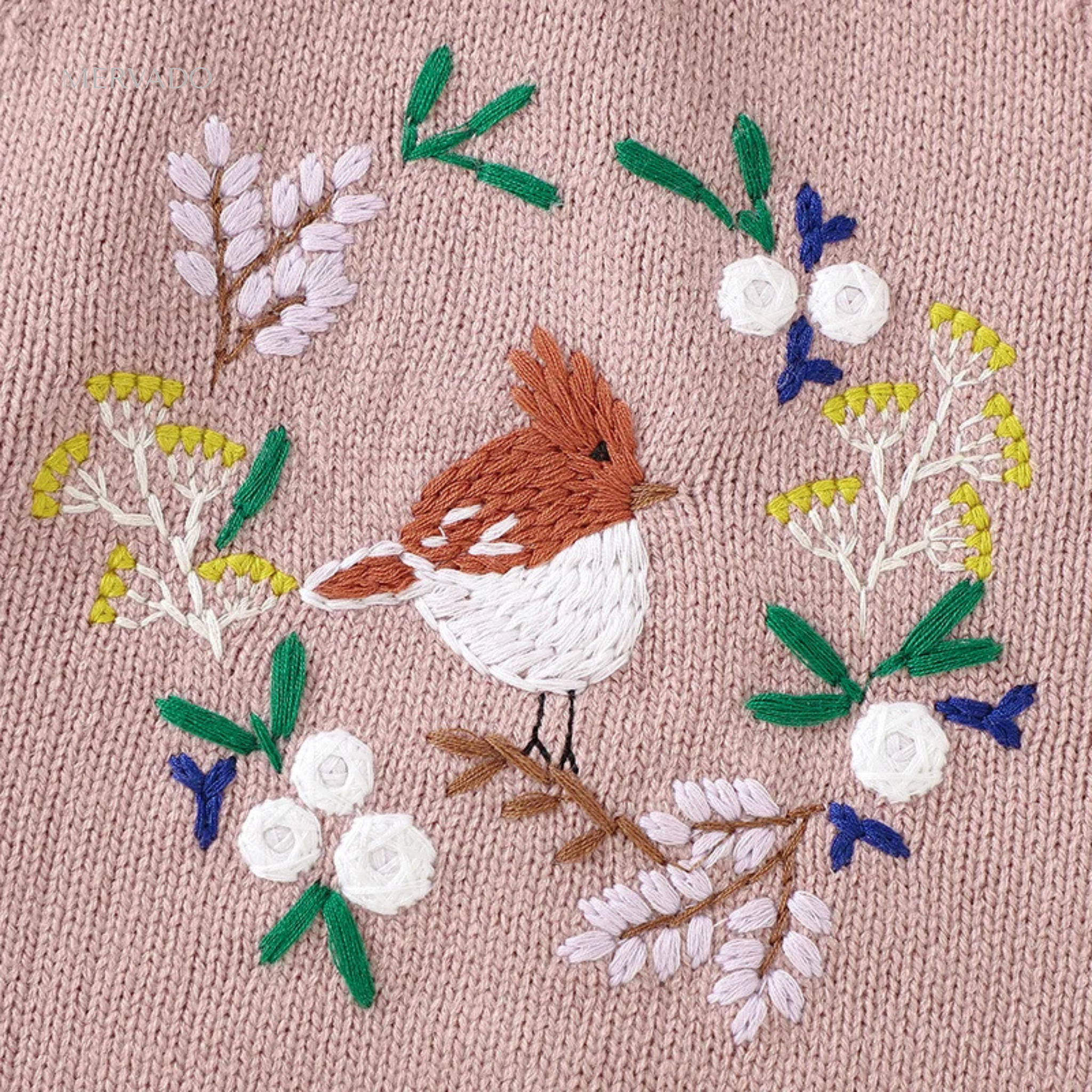 Schattige meisjestrui - Gezellige gebreide trui met geborduurde vogel